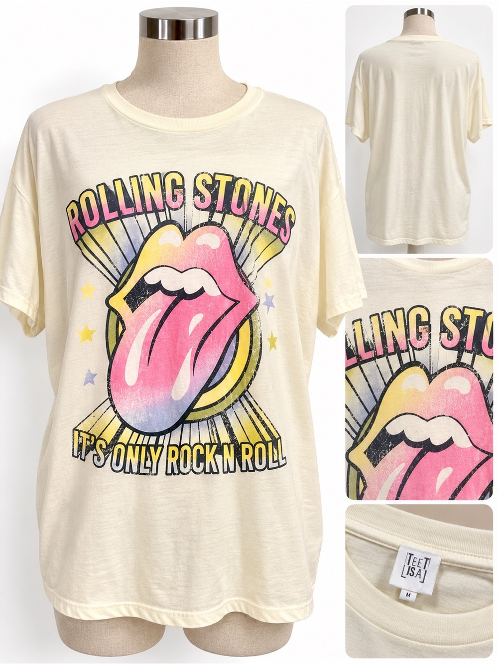 GB girls Cream Rolling Stones Graphic Tee with Pink Tongue